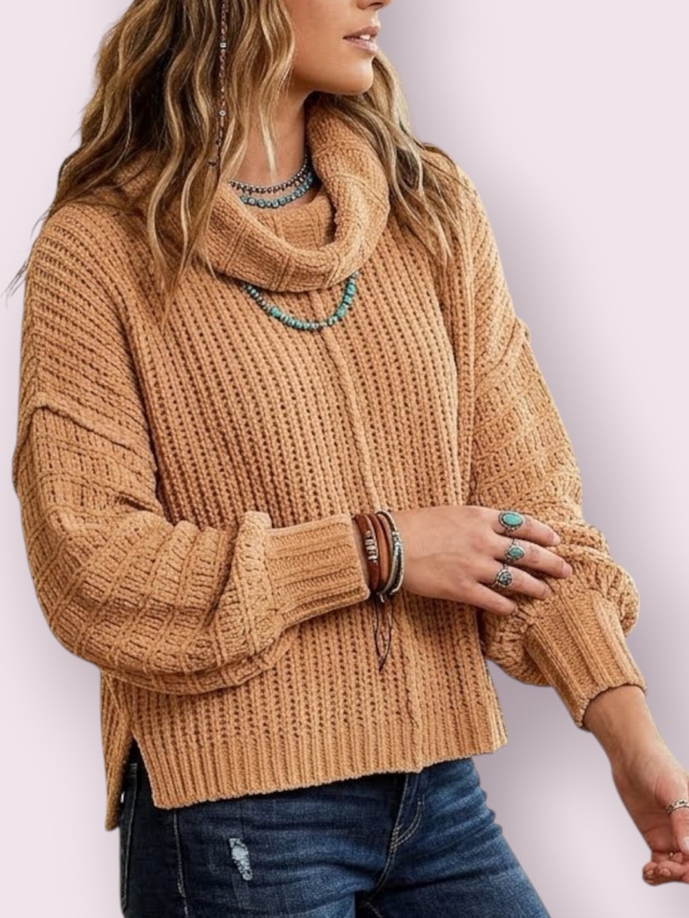 Free People Be Yours Cowl Neck Chenille Chunky Knit Sweater Camel Brown Small